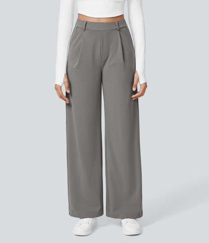 Pantalon Tailleur Taille Haute Plissé Poches Latérales Jambe Droite