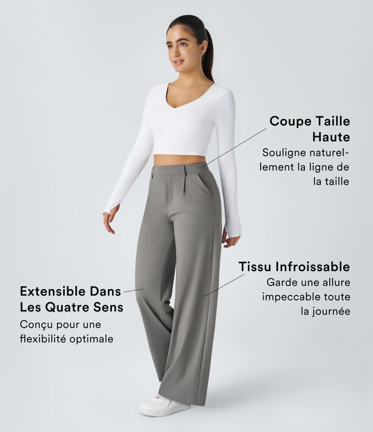 Pantalon Tailleur Taille Haute Plissé Poches Latérales Jambe Droite