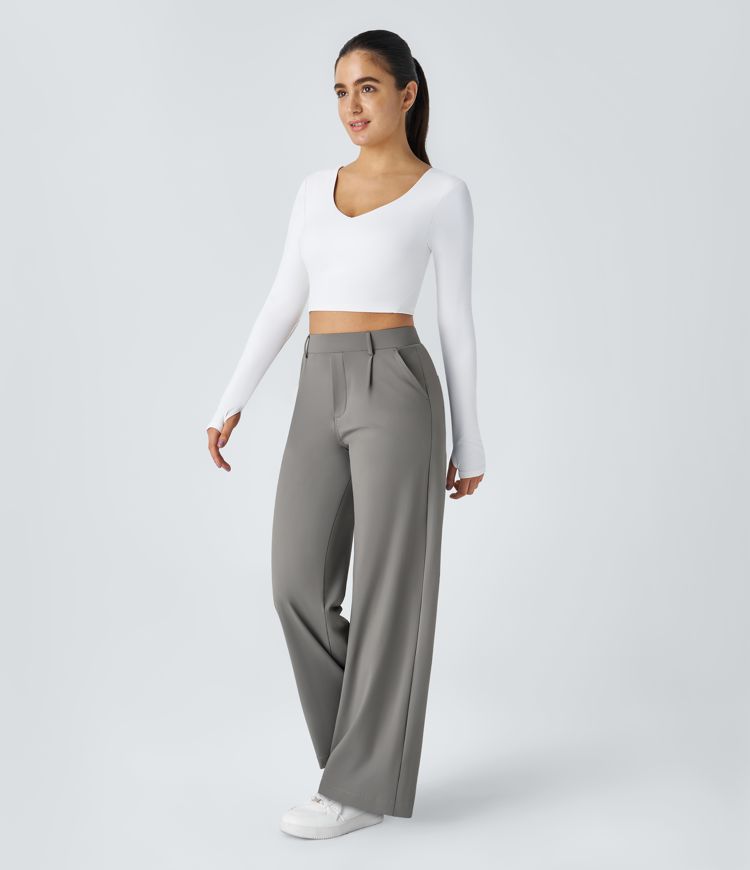Pantalon Tailleur Taille Haute Plissé Poches Latérales Jambe Droite