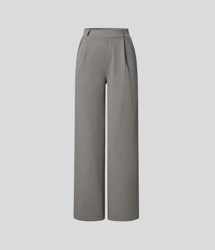 Pantalon Tailleur Taille Haute Plissé Poches Latérales Jambe Droite