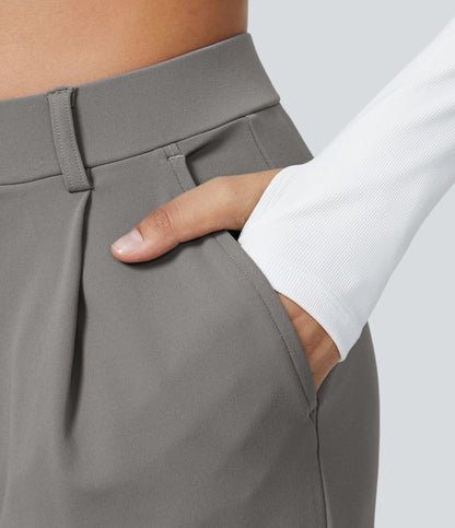Pantalon Tailleur Taille Haute Plissé Poches Latérales Jambe Droite