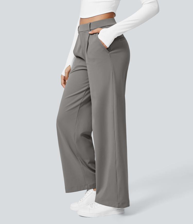 Pantalon Tailleur Taille Haute Plissé Poches Latérales Jambe Droite