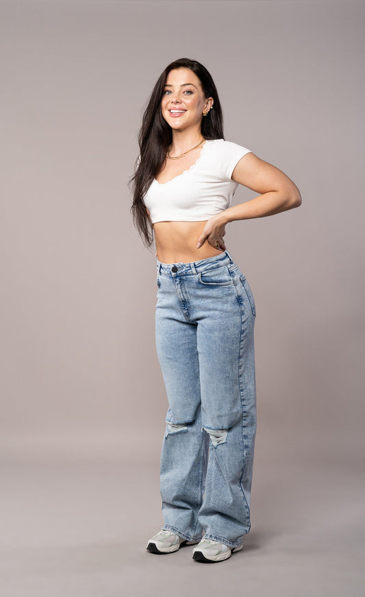 Womens Baggy Ripped Fit Jeans - 80s Blue 