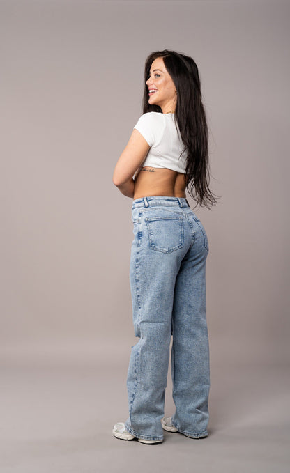Womens Baggy Ripped Fit Jeans - 80s Blue 