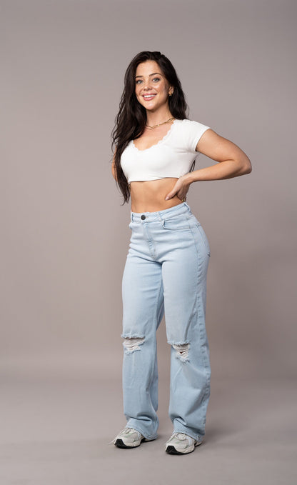 Womens Baggy Ripped Fit Jeans - Vintage Blue