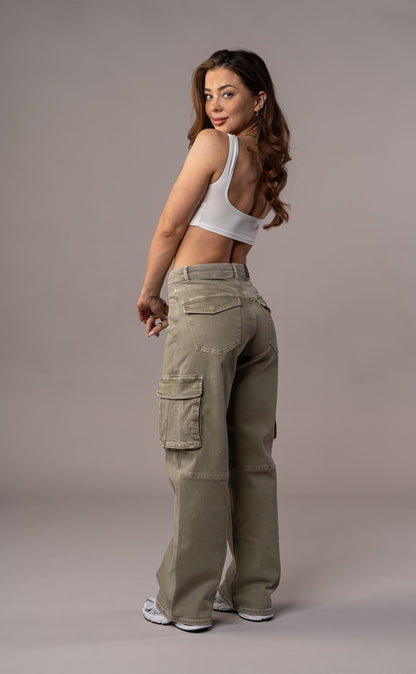 Damen Pastel Cargo Fit Jeans - Khaki